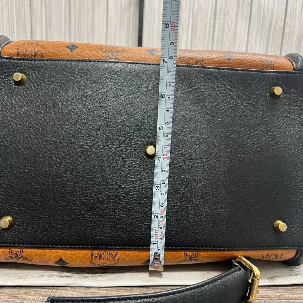 MCM Vintage Cognac Visetos Tote Bag Black Leather Trim Satchel Handbag